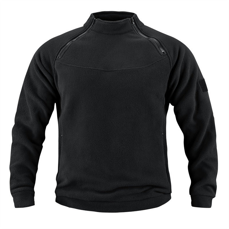 Men's tactical fleece pullover with shoulder zippers, chin guard, and Velcro panel Mune Fashion