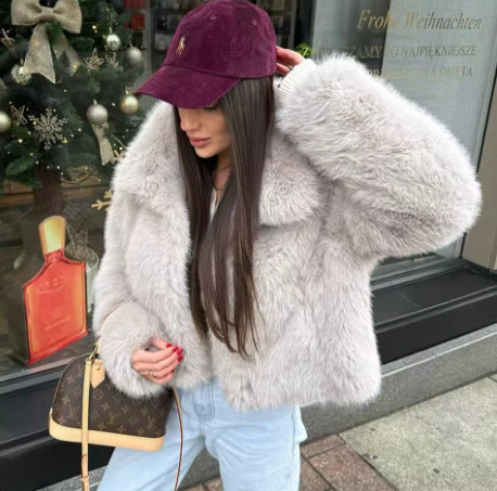 Women's Short-Cut Faux Fur Blouson with Voluminous Shawl Collar and Dense Pile Mune Fashion