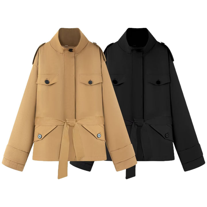 Women's Short Jacket in Utility Style with Waist Belt and Flap Pockets Mune Fashion