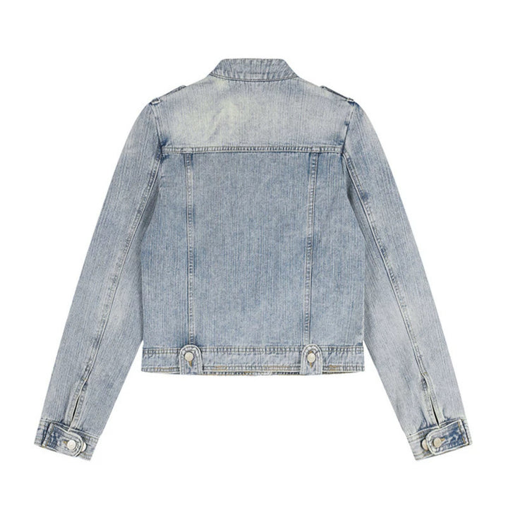 Women's Short Denim Jacket in Military Style with Stand Collar, Shoulder Epaulets and Flap Pockets Mune Fashion