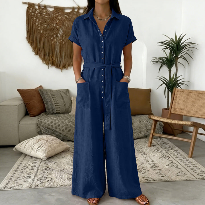 Women's Shirt Blouse Jumpsuit with Wide Leg, Patch Pockets and Tied Belt Mune Fashion