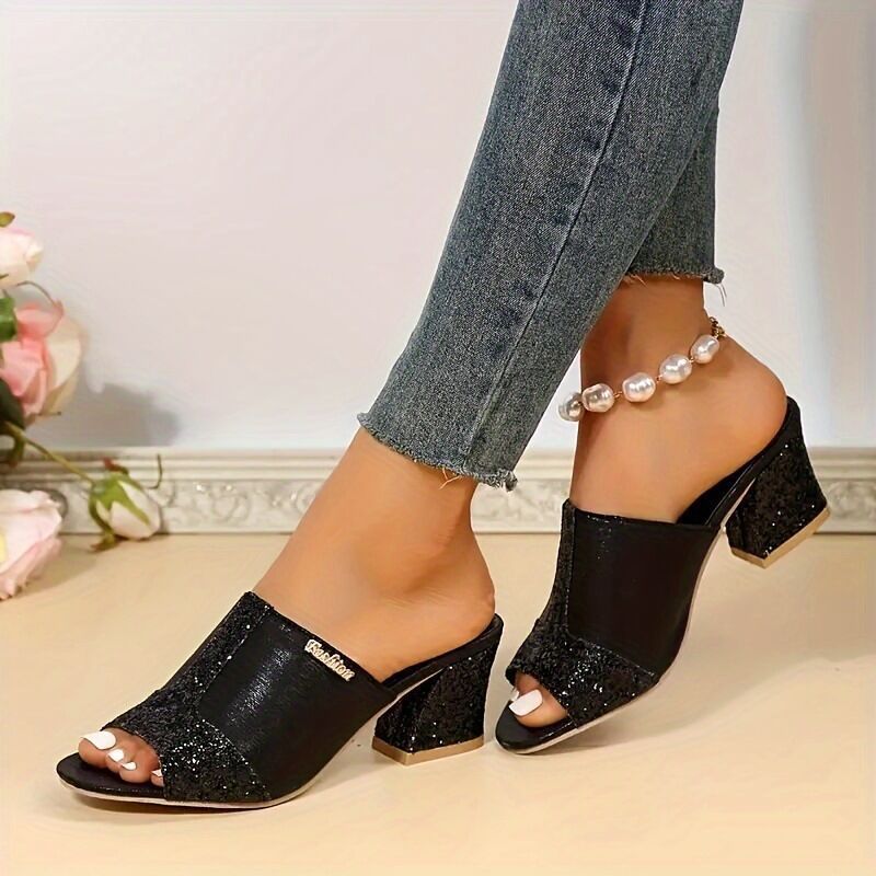 Women's elegant open slide with fine mesh, sparkling appliqués and mid-high block heel Mune Fashion