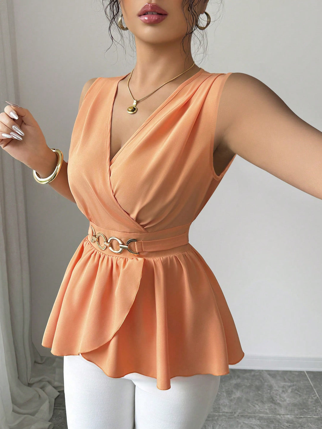 Women Tailored Wrap Top with Ruffle Peplum and Decorative Metal Belt Mune Fashion