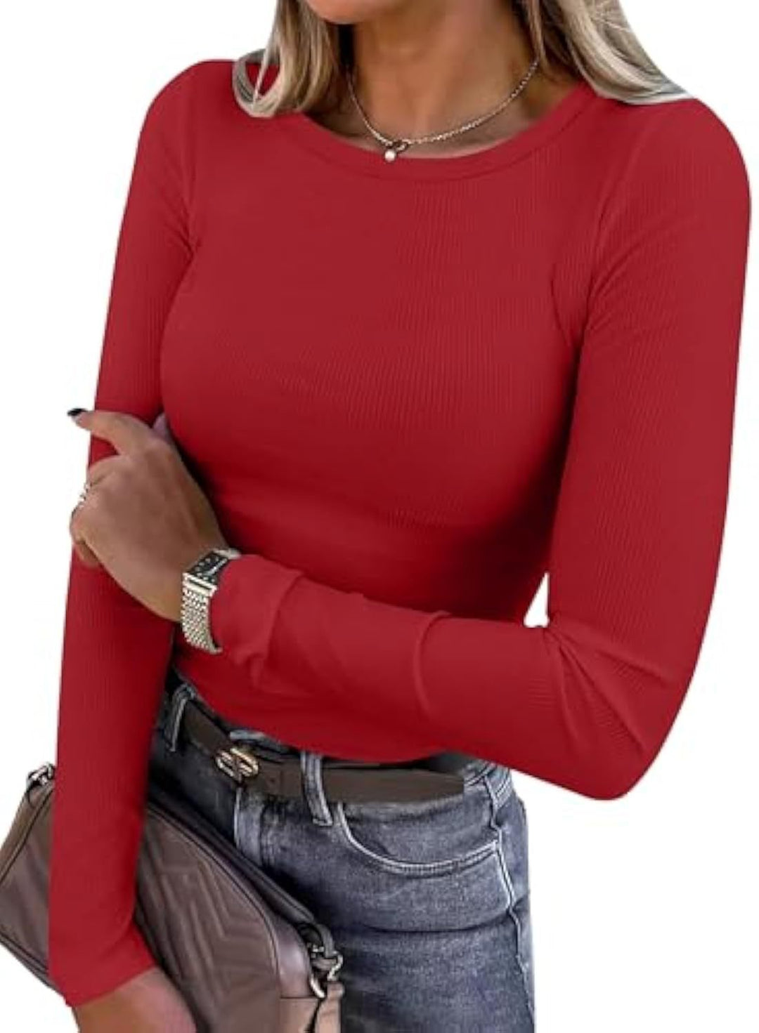 Women's Slim-Fit Ribbed Long Sleeve with Round Neckline and Stretch Cotton Blend Drune