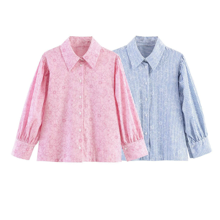 Women Striped Cotton Blouse with Puff Sleeves and Tonal Embroidery Mune Fashion