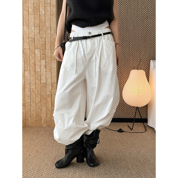 Women Wide High-Waist Cotton Pants with Drawstring and Cuffed Hem Mune Fashion