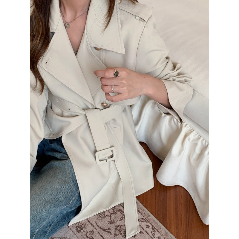 Ladies Short Tie Belt Trench Coat with A-Line Cut and Dropped Shoulders Mune Fashion