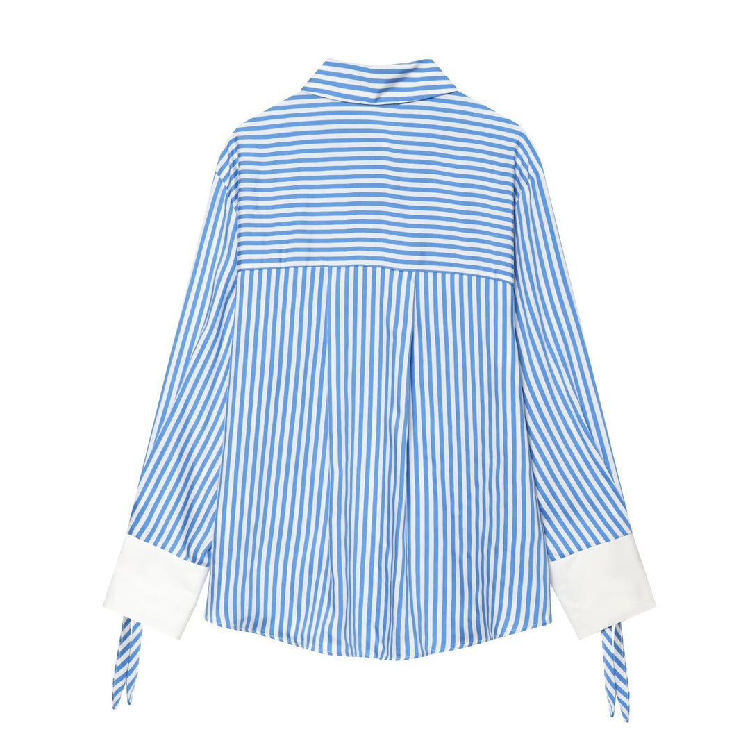 Women Striped Oversized Blouse with Long Sleeves, Decorative Cuffs and Ties Mune Fashion