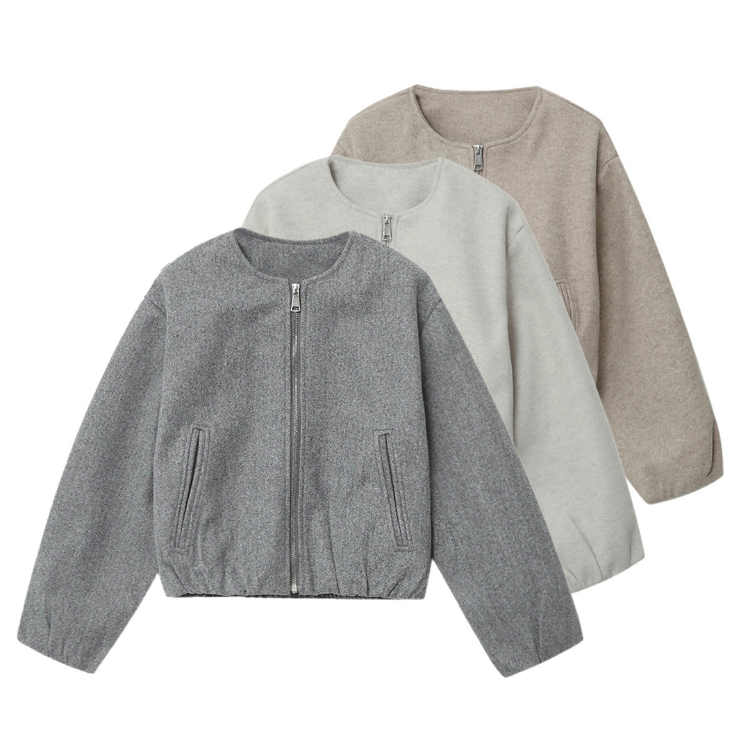 Women's short-cut wool look cropped jacket with round neck, full zip, elastic hem, and subtle side pockets Mune Fashion