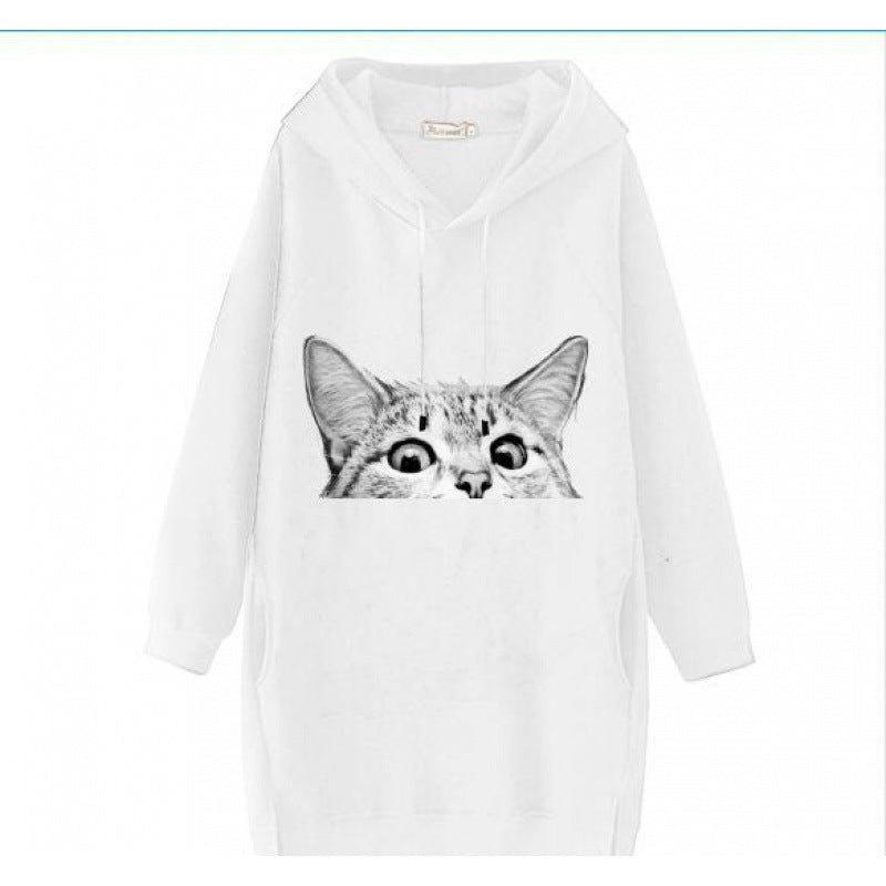 Ladies Oversize Hooded Dress made of Sweat Fabric with Large Cat Print and Side Pockets Mune Fashion