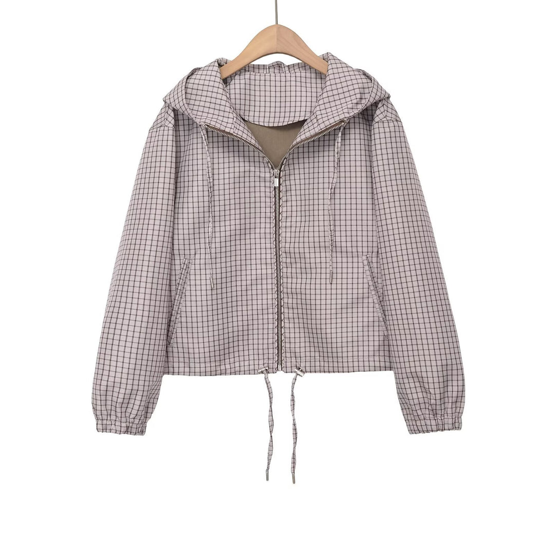Women's short-cut hooded jacket with check quilted pattern, zipper and drawstring Mune Fashion