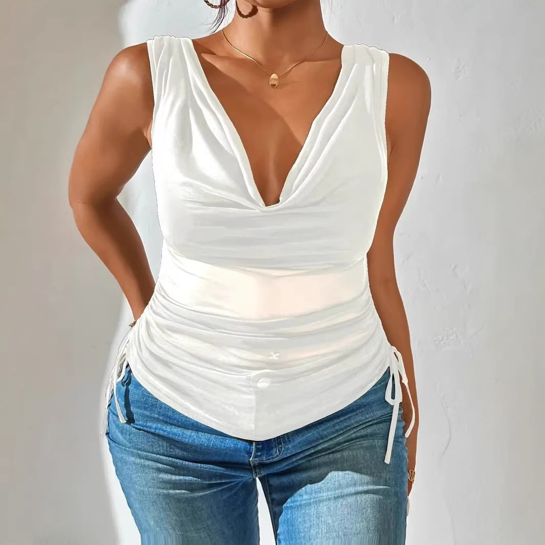 Women Sleeveless Draped V-Neck Top with Side Tuck Mune Fashion
