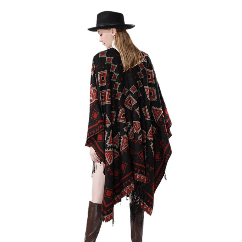 Women's Layered Hooded Overlay with Asymmetric Fringe Hem and Geometric Jacquard Mune Fashion
