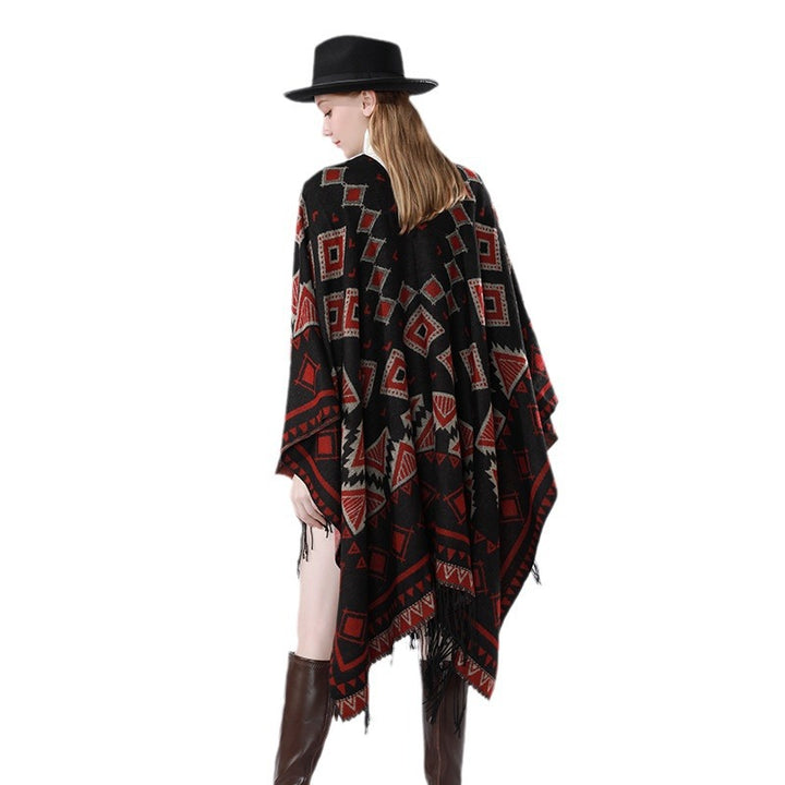 Women's Layered Hooded Overlay with Asymmetric Fringe Hem and Geometric Jacquard Mune Fashion