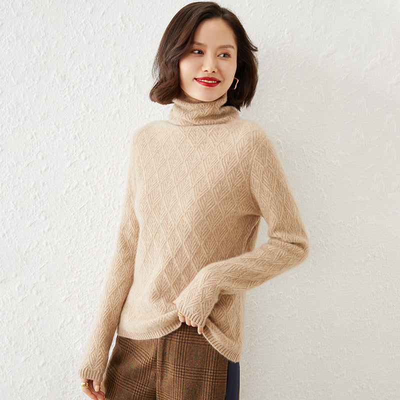 Ladies Luxurious Mohair-Mix Turtleneck Sweater with Diamond Pattern Mune Fashion Openwork Structure Mune Fashion