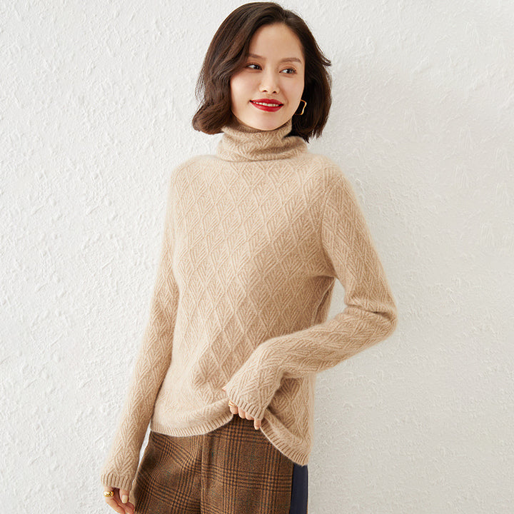Ladies Luxurious Mohair-Mix Turtleneck Sweater with Diamond Pattern Mune Fashion Openwork Structure Mune Fashion