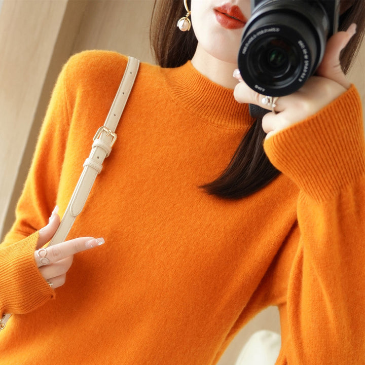 Women's Short Roll Neck Sweater in Cashmere Look with Extra Long Ribbed Cuffs Mune Fashion