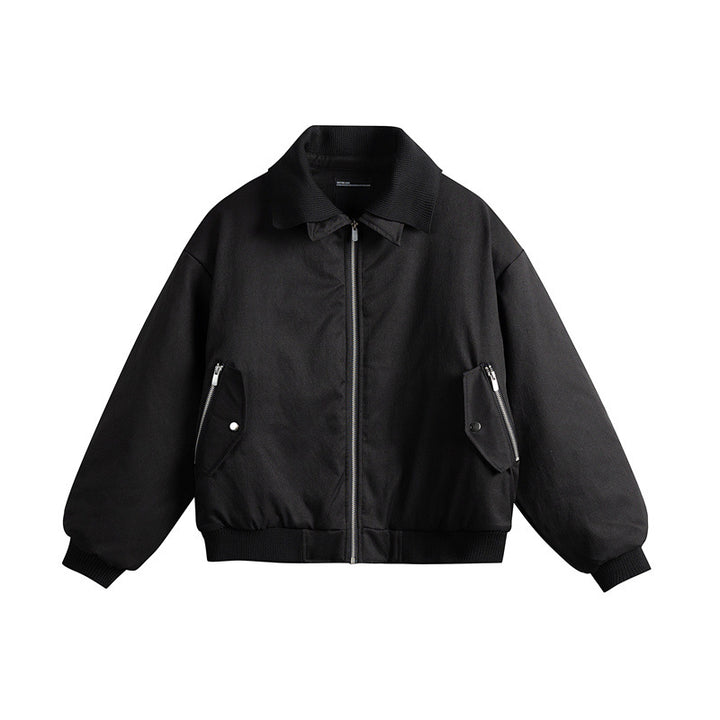 Men's Short Boxy Insulated Field Bomber Jacket with Contrasting Knit Collar and Diagonal Zip Pockets Mune Fashion