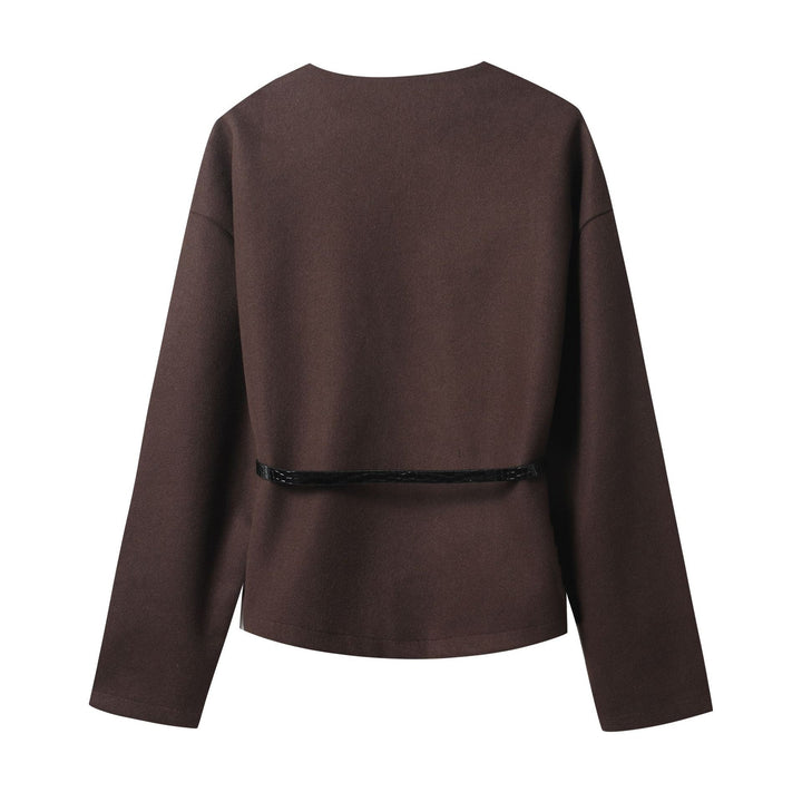 Women's short wrap coat made of wool blend with deep shawl collar and narrow waist belt Mune Fashion