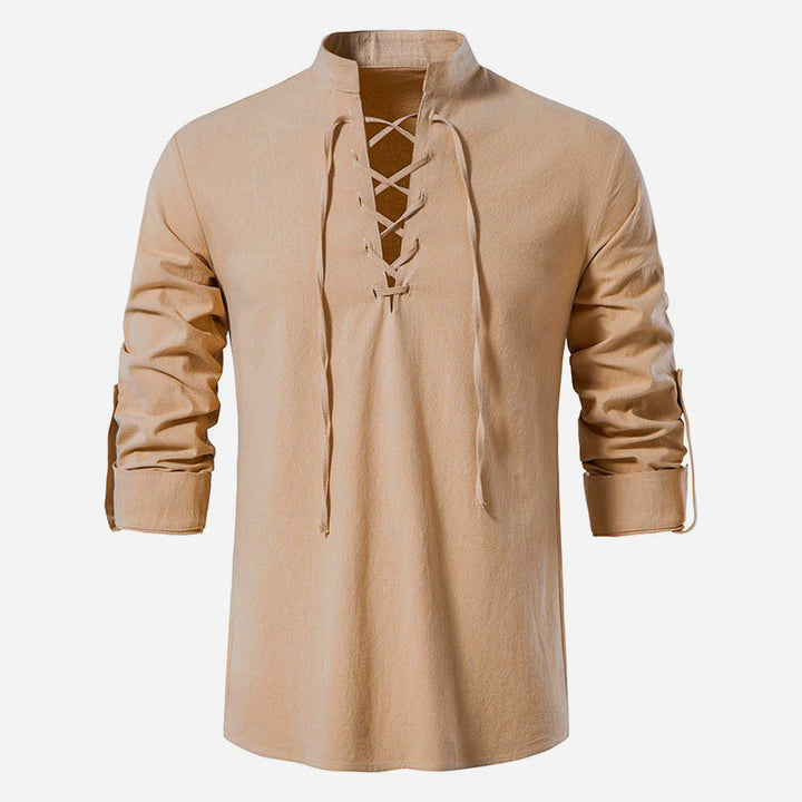 Men's casual lace-up shirt with stand-up collar, linen-cotton blend and roll-up sleeve tabs Mune Fashion