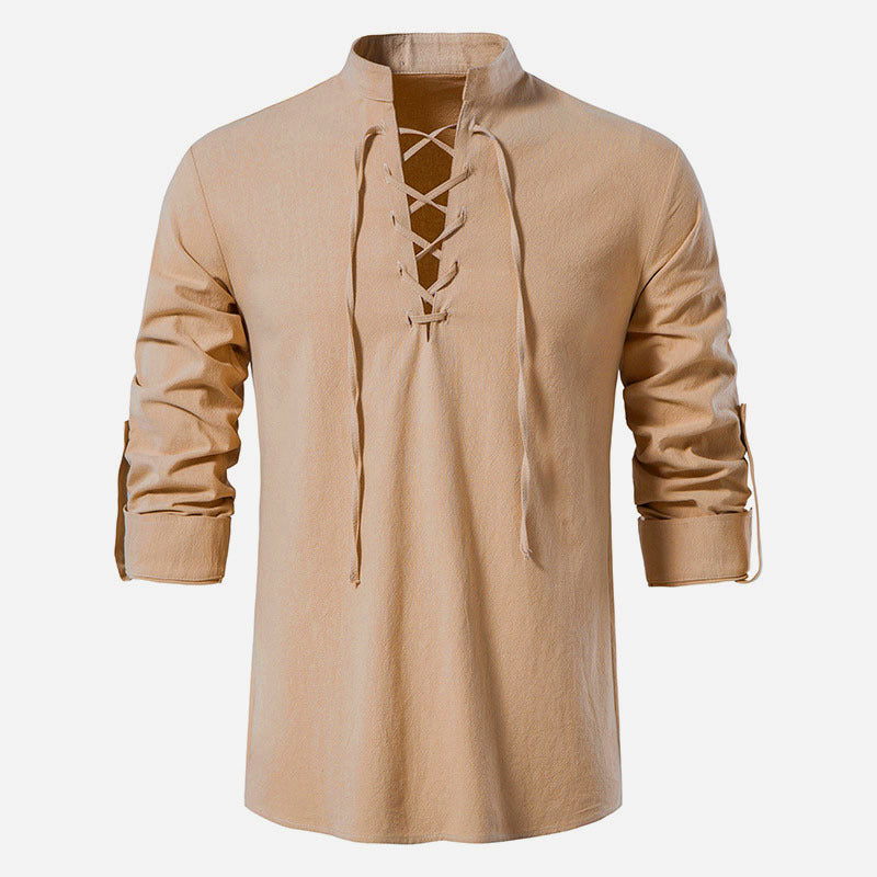 Men's casual lace-up shirt with stand-up collar, linen-cotton blend and roll-up sleeve tabs Mune Fashion
