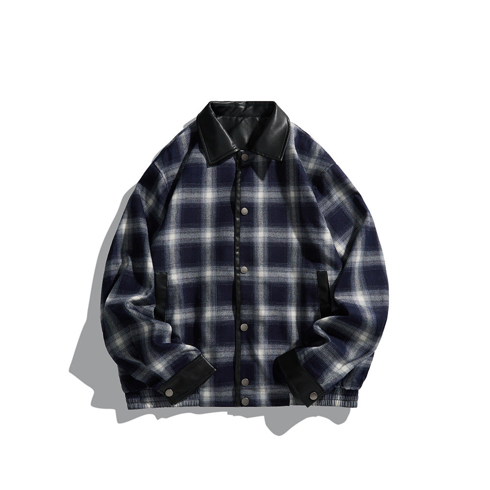 Men's Checkered Overshirt Jacket made of Flannel with Faux Leather Details and Snap Button Placket Mune Fashion