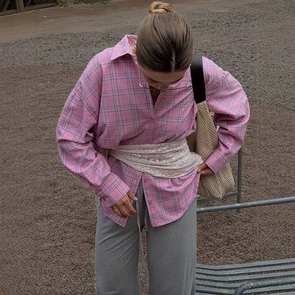 Women's Oversize checkered linen look blouse with shirt collar, full button placket & casual silhouette Mune Fashion