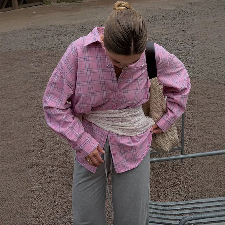 Women's Oversize checkered linen look blouse with shirt collar, full button placket & casual silhouette Mune Fashion