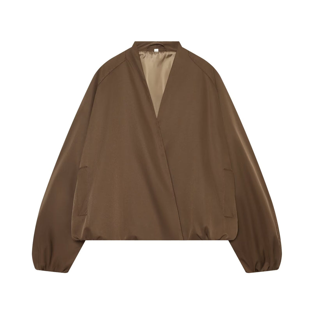 Women's Oversize Cropped Bomber Jacket with Open V-Neck and Elastic Hem Mune Fashion
