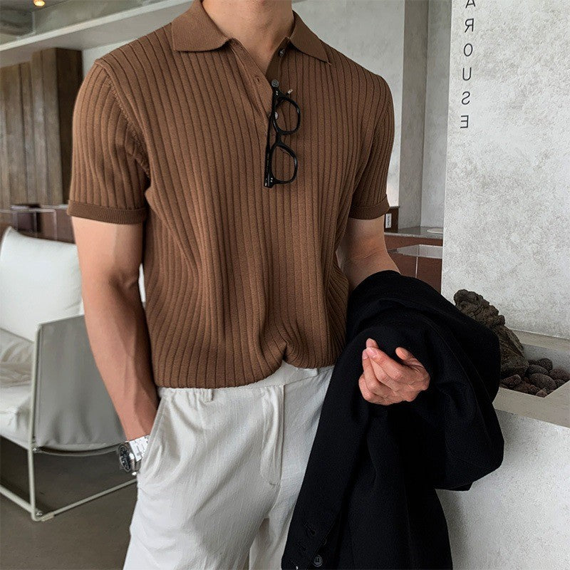 Men's narrow-cut ribbed polo shirt made of fine knit with short sleeves and polo collar Mune Fashion