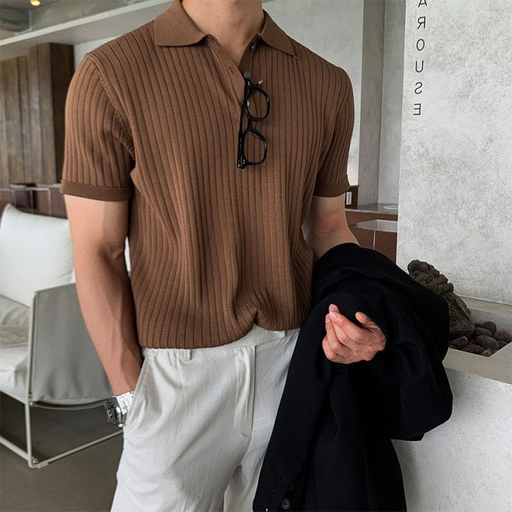 Men's narrow-cut ribbed polo shirt made of fine knit with short sleeves and polo collar Mune Fashion
