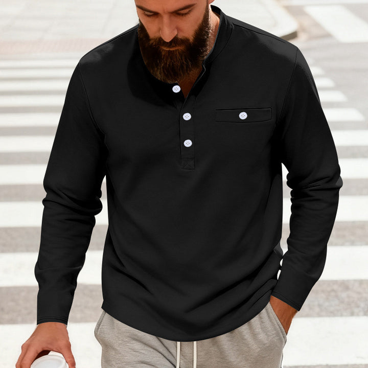 Men's Casual Henley Long Sleeve Shirt with Stand-Up Collar, Chest Pocket, and Curved Hem Mune Fashion