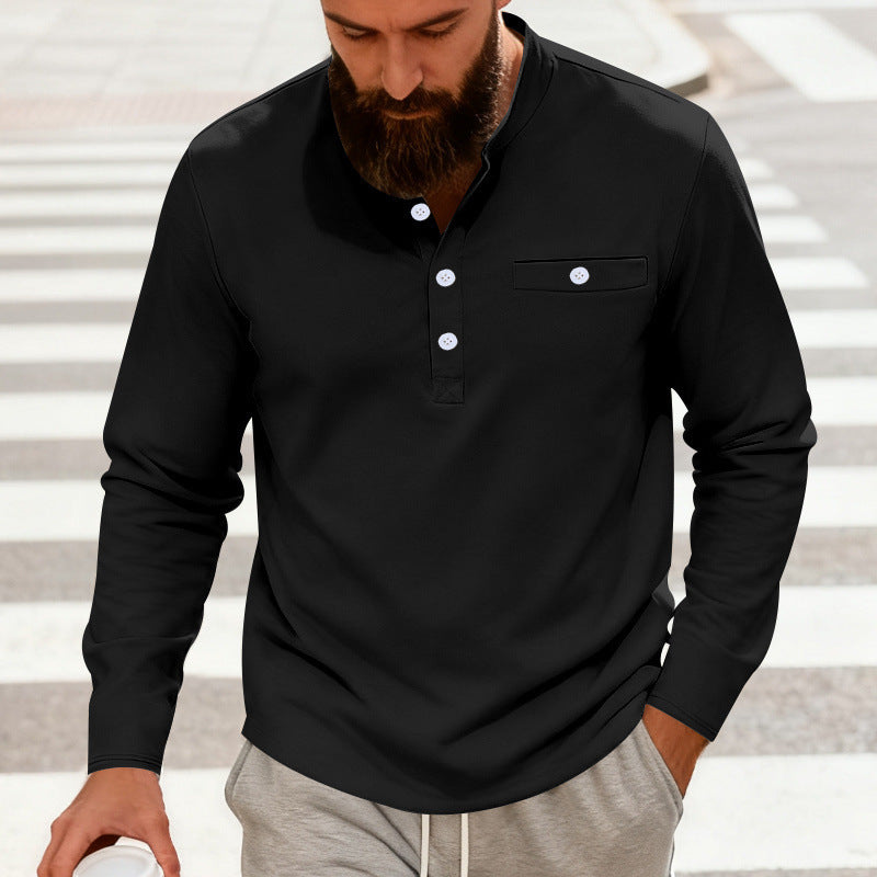 Men's Casual Henley Long Sleeve Shirt with Stand-Up Collar, Chest Pocket, and Curved Hem Mune Fashion
