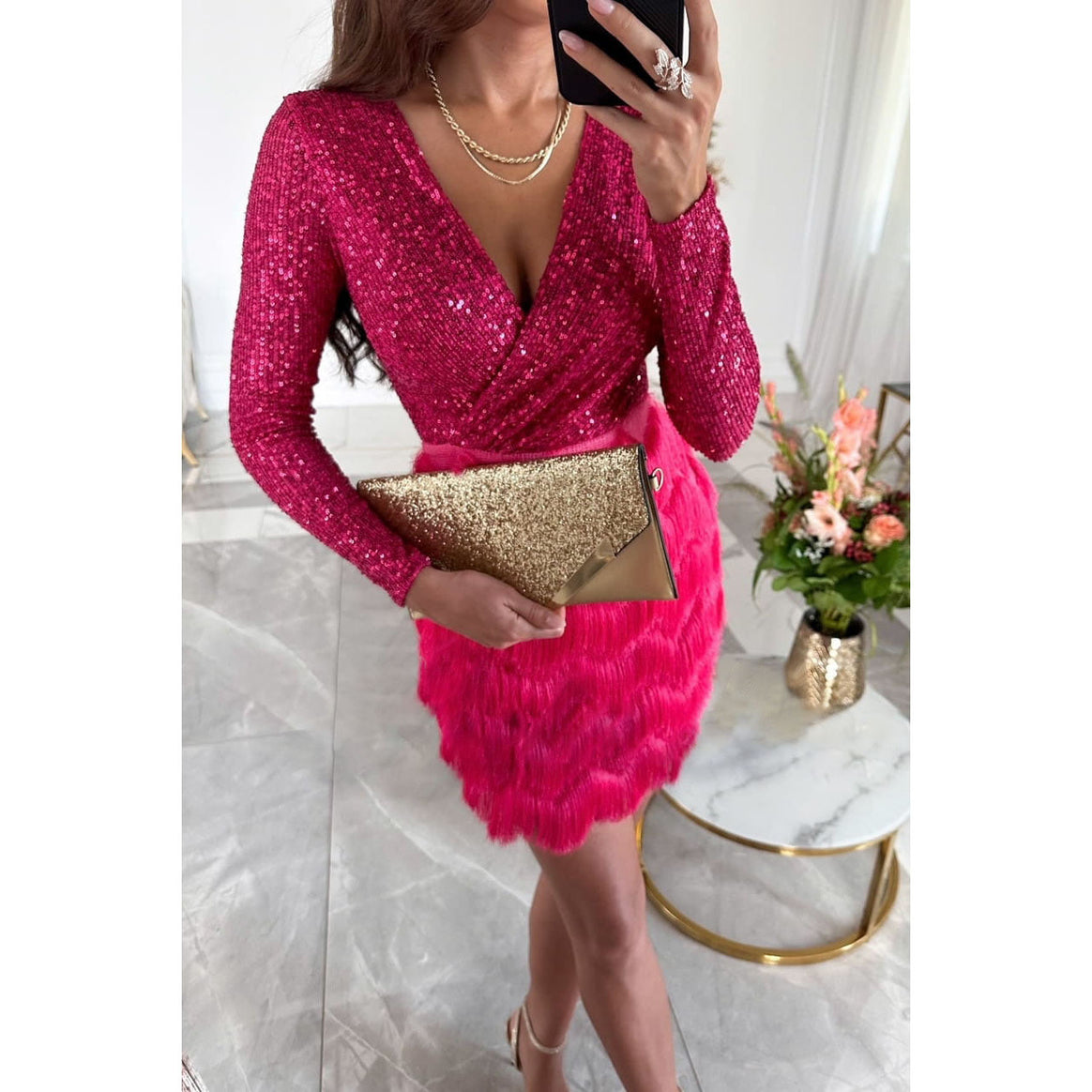 Women Shiny Wrap Mini Dress with Sequin Top and Feather Tiered Skirt Mune Fashion