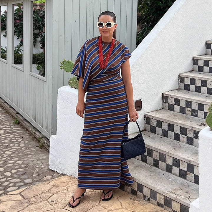 Women's Striped Maxi Dress with Asymmetrical Cape Sleeves & Tailored Silhouette Mune Fashion