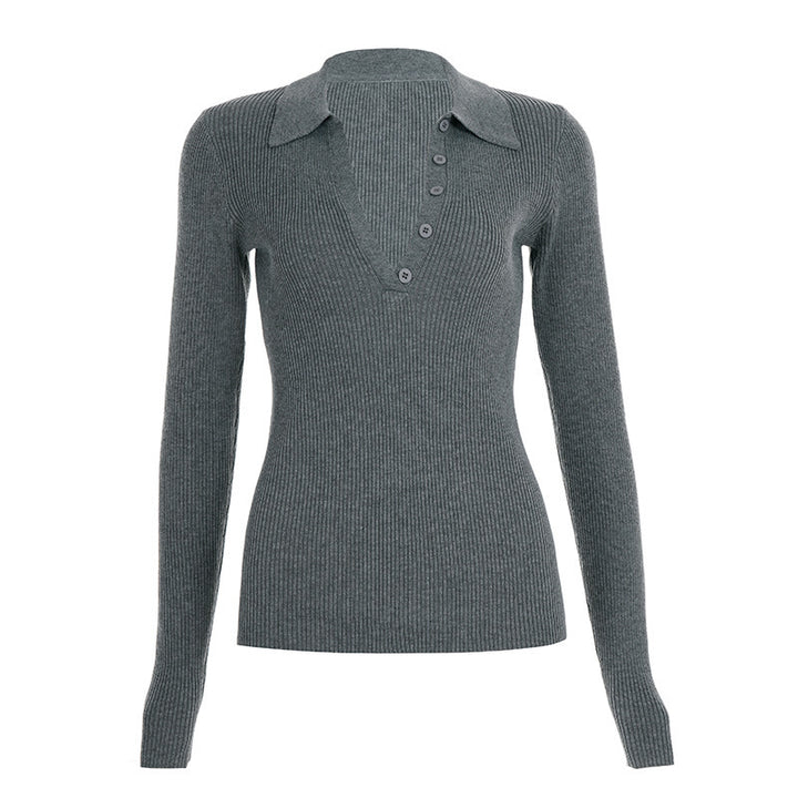 Women Tailored Ribbed Knit Polo with Deep V-Neck and Button Placket Mune Fashion