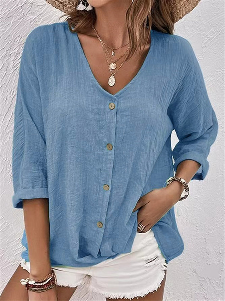 Women Loose V-Neck Blouse in Linen Look with Button Placket and Roll-Up Three-Quarter Sleeves Mune Fashion