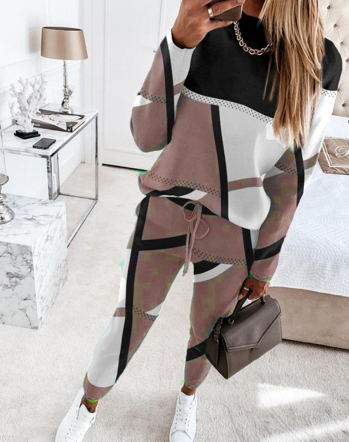 Women’s Casual Two-Piece Lounge Set with Graphic Print and Drawstring Mune Fashion