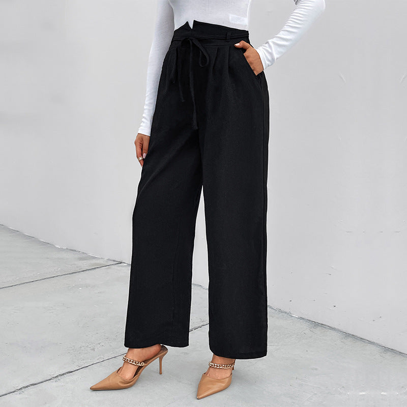 Women's Elegant Paperbag Pants with Wide Leg, High Waist and Ties