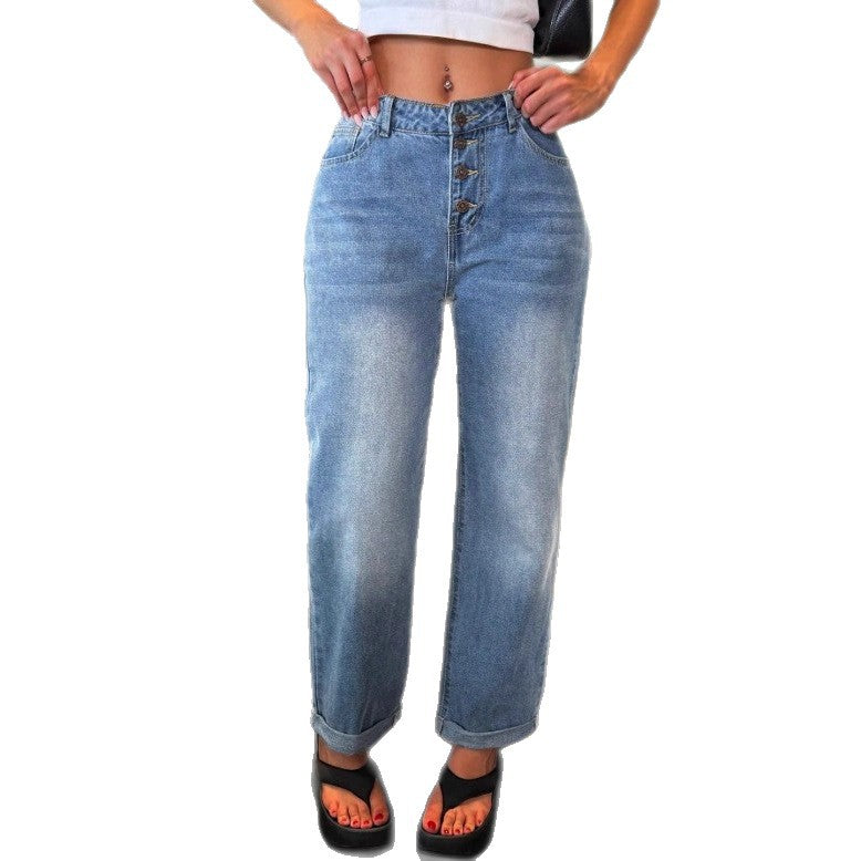 Women's High-Waisted Relaxed-Straight Jeans with Visible Button Placket and Cuff Mune Fashion
