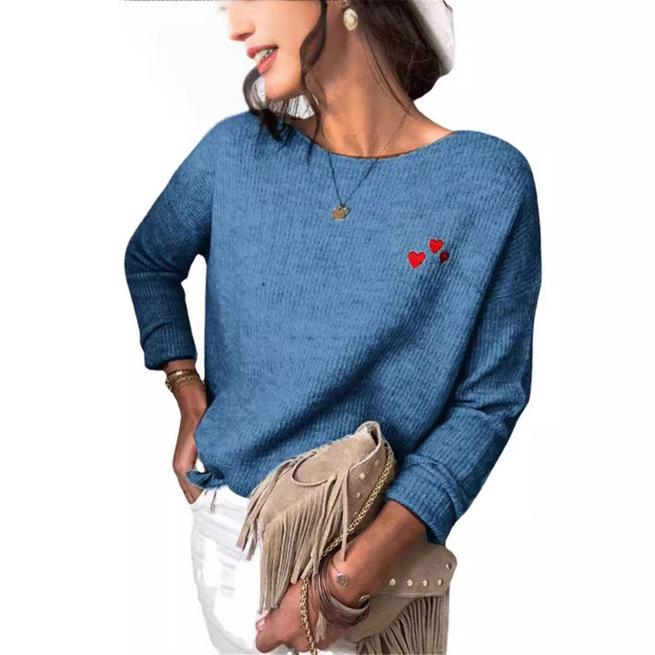 Ladies Oversize Knit Sweater with Heart Embroidery and Wide Boat Neck Drune