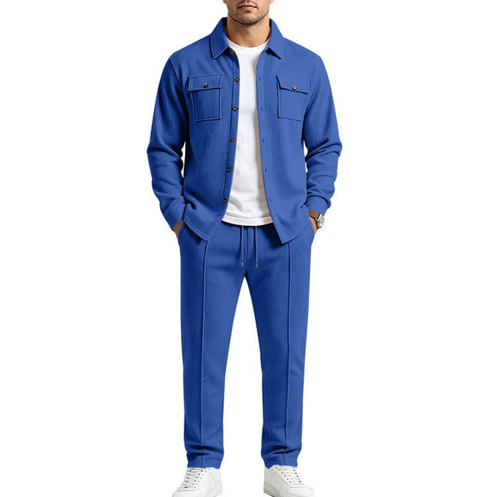 Men's Structured Knit Set Overshirt with Chest Pockets & Slim Jogging Pants Mune Fashion