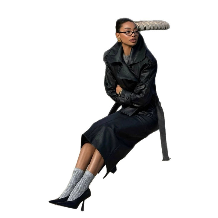 Women's Tailored Leather Jacket with Short Cape Insert, Shoulder Pads and Tie Belt Mune Fashion