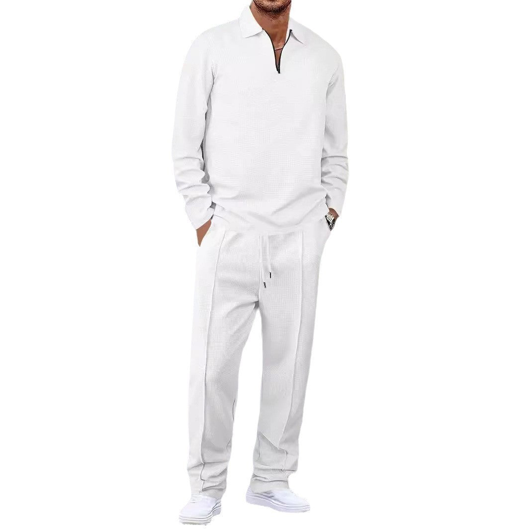 Unisex Nan Waffle Structure Leisure Set with Half-Zip Polo Shirt and Elastic Waist Pants Mune Fashion