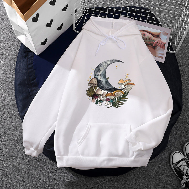 Women's casual hoodie with artistic moon and mushroom design, soft fleece lining, and kangaroo pocket Mune Fashion