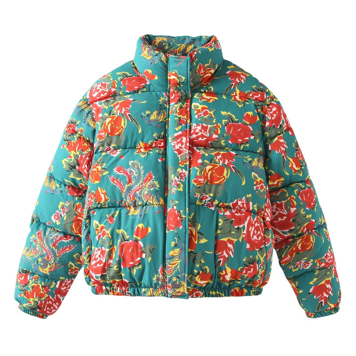 Women's Quilted Padded Short Jacket with Floral Allover Print and Stand-Up Collar Mune Fashion