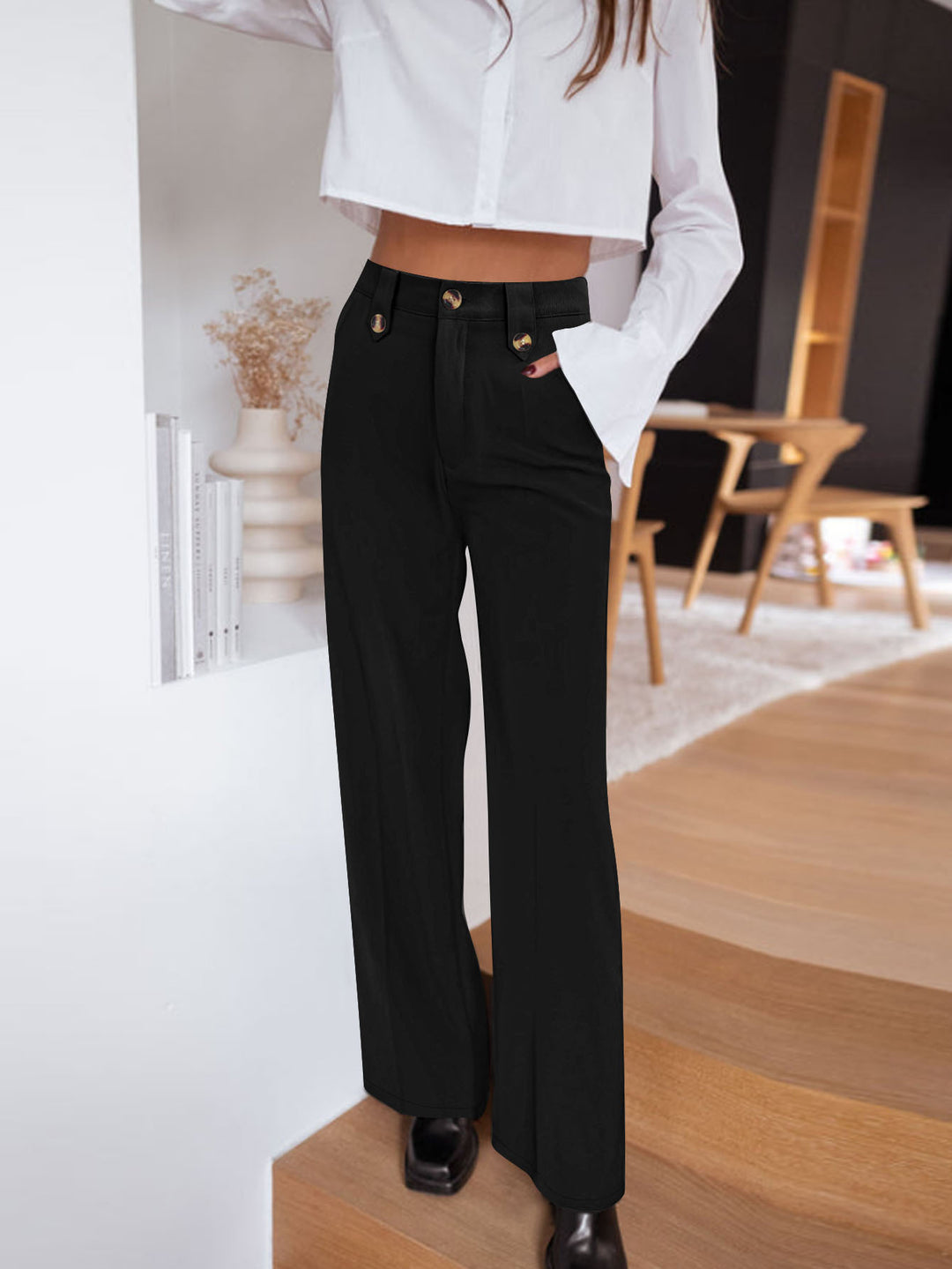 Women's high-waisted palazzo pants with waistband tab, crease and wide leg Mune Fashion