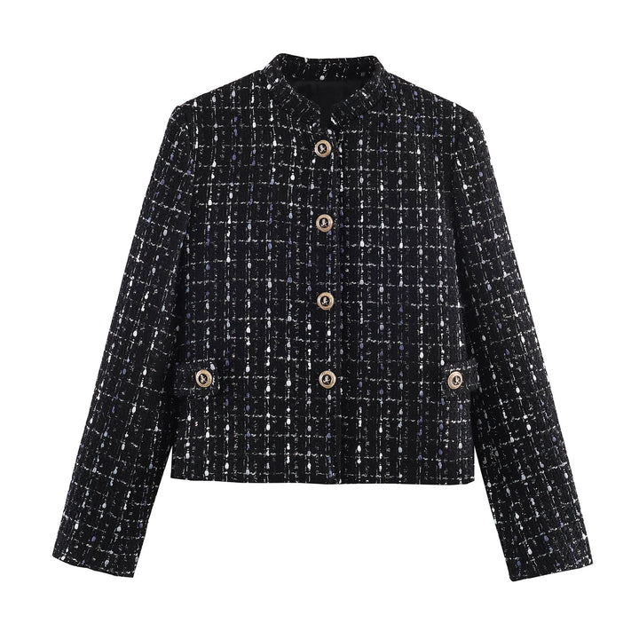 Women's casual tweed jacket with stand-up collar, decorative buttons, and patch pockets Mune Fashion
