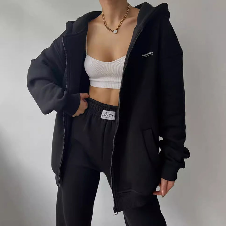 Women's Oversized Hooded Sweat Jacket with Zipper and High-Waist Jogging Pants Set Mune Fashion