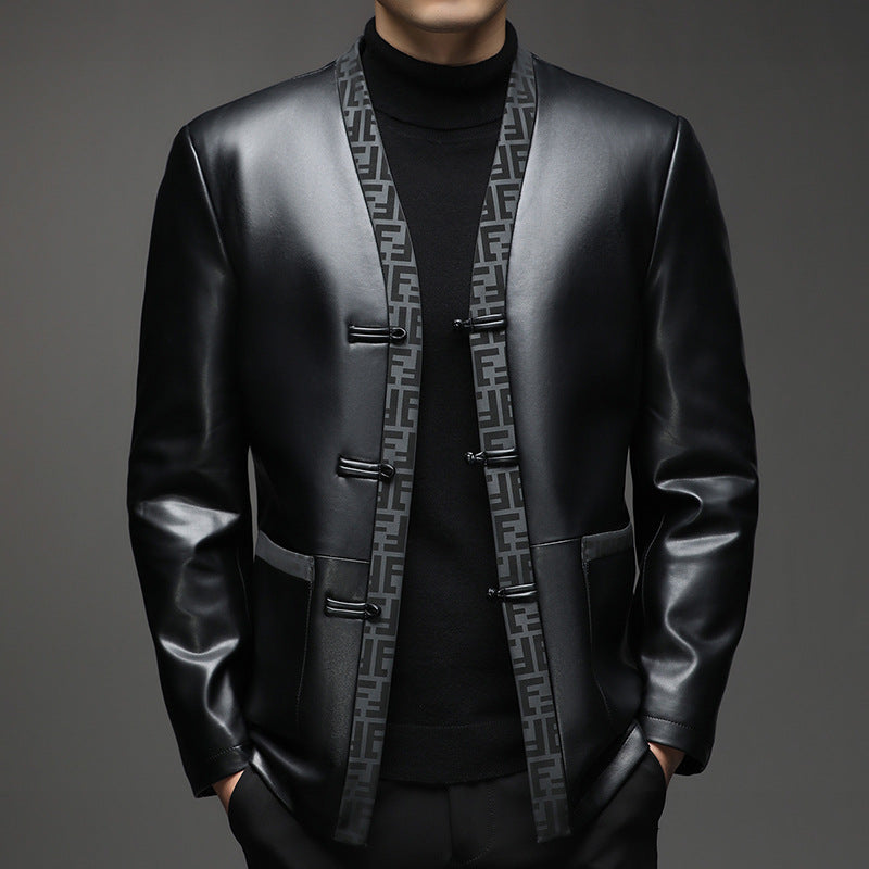 Men's Faux Leather Cardigan Jacket with KnMune Fashion Fastenings and Contrasting Shawl Collar Mune Fashion